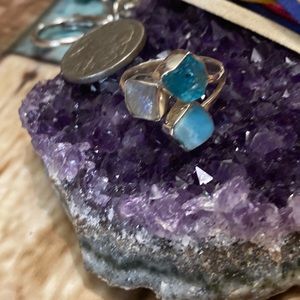 Larimar, aquamarine and moonstone slice ring